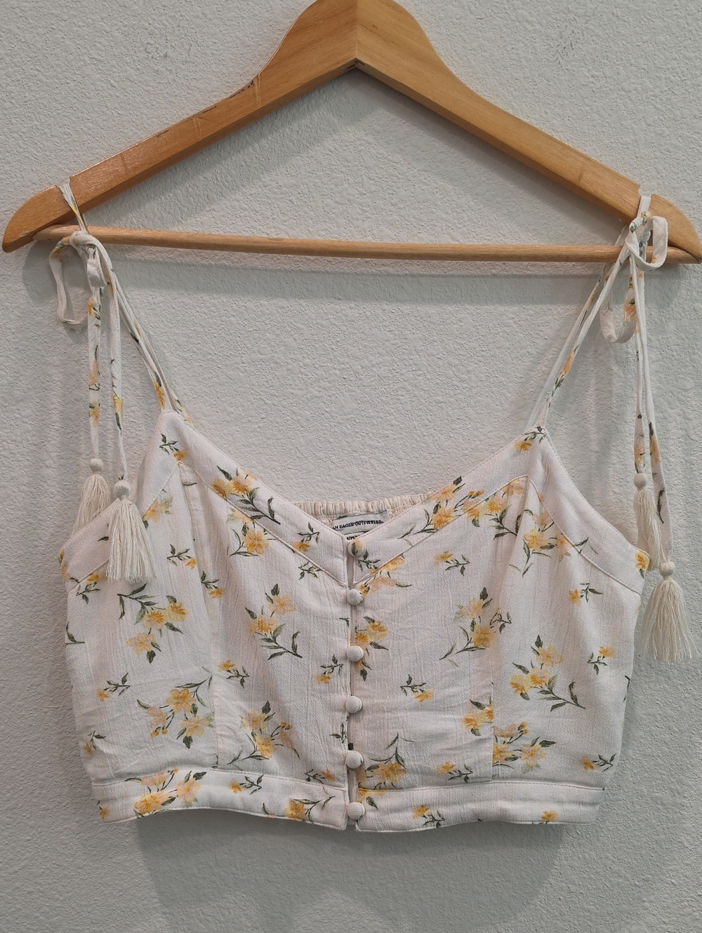 American Eagle Outfitters White Yellow Floral Tie-Shoulder Crop Top